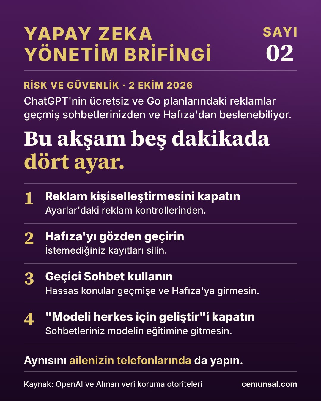 ChatGPT'de reklam kişiselleştirmesini kapatma, Hafıza'yı gözden geçirme, Geçici Sohbet kullanma ve model geliştirme seçeneğini kapatma adımlarını gösteren kart