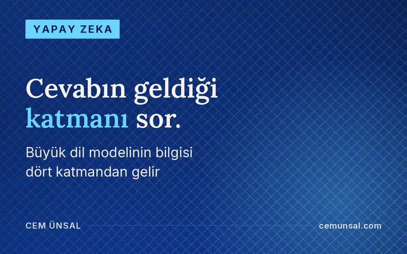LLM (büyük dil modeli) nedir? Bilgisini nereden alır, nerede biter · Cevabın geldiği katmanı sor.