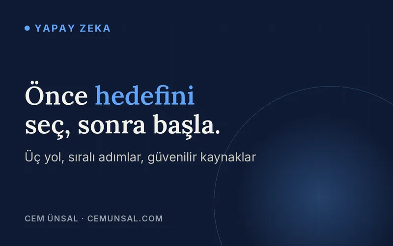 Yapay Zeka Öğrenmek İçin Nereden Başlamalıyım? Hedefine Göre 3 Yol · Önce hedefini seç, sonra başla.