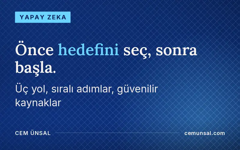 Yapay Zeka Öğrenmek İçin Nereden Başlamalıyım? Hedefine Göre 3 Yol · Önce hedefini seç, sonra başla.