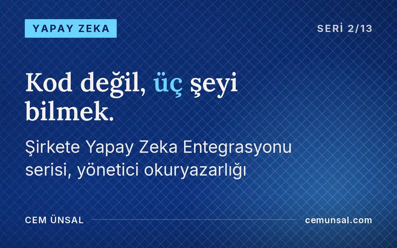 Yöneticinin Yapay Zeka Okuryazarlığı. Bir Karar Vericinin Bilmesi Gereken Temeller · Kod değil, üç şeyi bilmek.